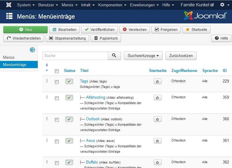 Menü für Tags